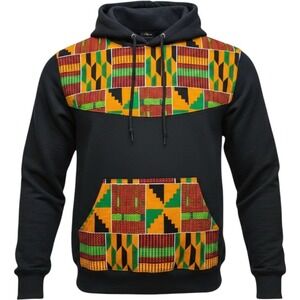 D'IYANU Hoodie Mens‎ Small Black Cotton Kente Print Patchwork Pullover Boho USA